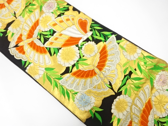 JAPANESE KIMONO / ANTIQUE FUKURO OBI / SILK / WOVEN KIKU & SAKURA